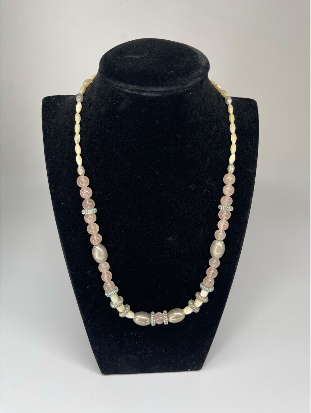 Rose Quartz Mother of Pearl Beaded Necklace Silver Tone Accents 18in‎